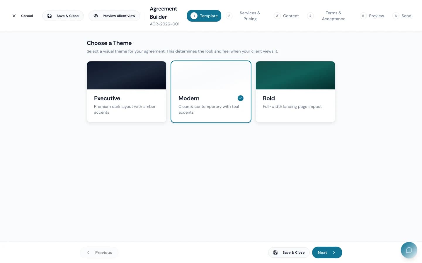 The Link's agreement builder, choosing a visual theme for a client-facing proposal