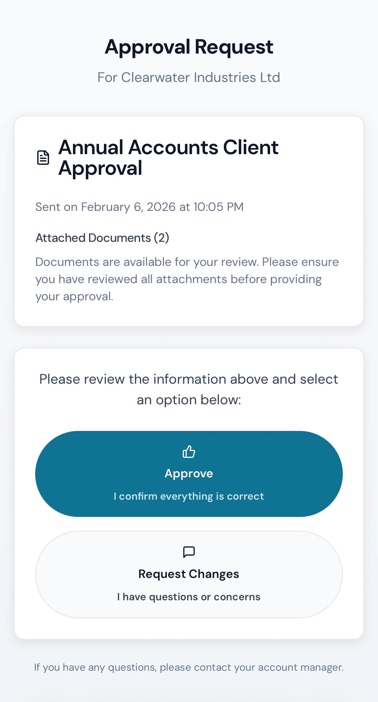A client approval page in The Link on a phone, showing the document and approve or request-changes buttons