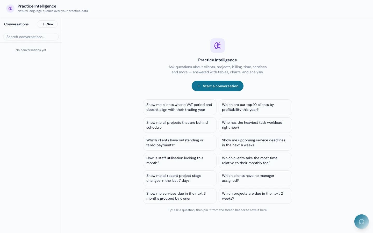 Practice Intelligence in The Link, showing example plain-English questions you can ask about your practice data