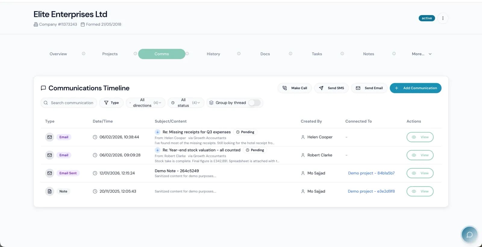 A client's communications timeline showing emails, messages and call notes in one chronological view